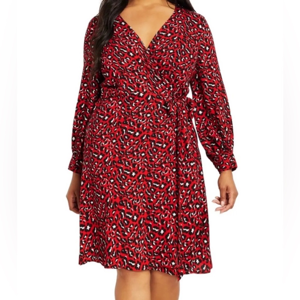ELOQUII Leopard Print Long Sleeve Wrap Dress - Plus Size 22